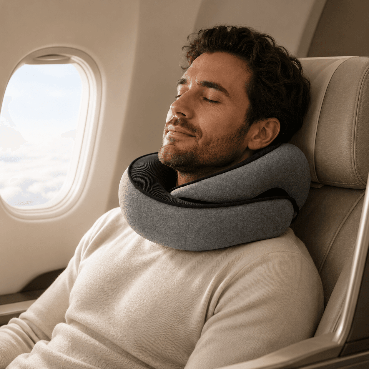 Un homme assoupi dans un avion, tête posée contre le hublot, la nuque soutenue par l'oreiller Dodow Pillow.