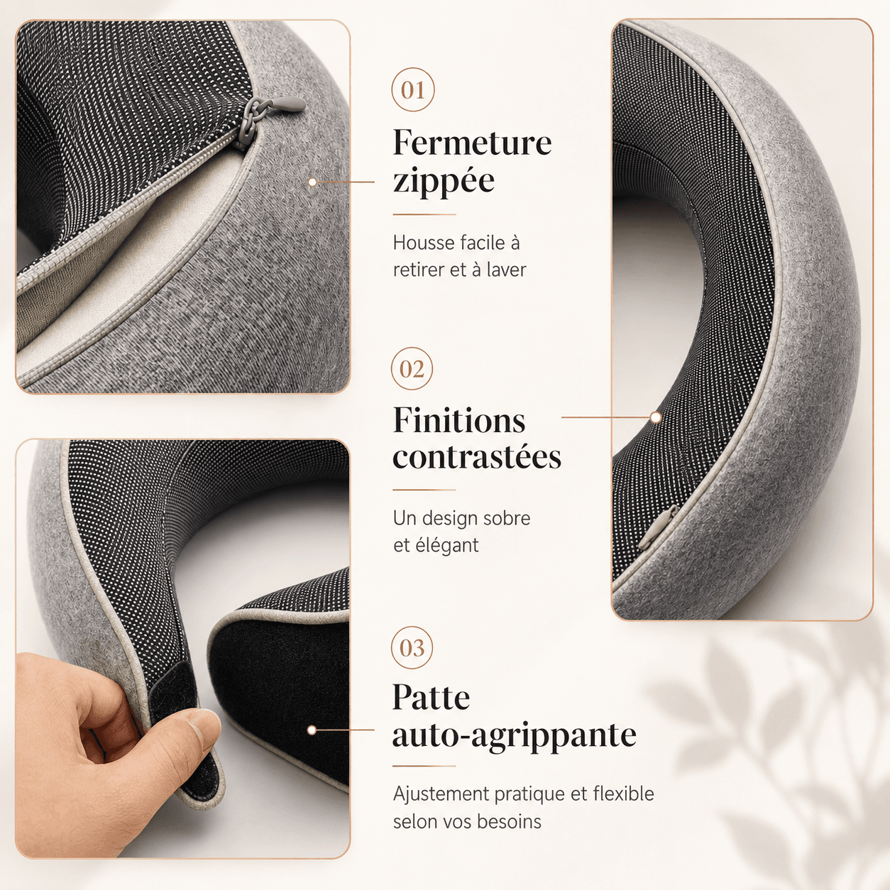 Infographie détaillant trois finitions de l'oreiller : la fermeture zippée qui permet de retirer et laver la housse, les finitions contrastées au design sobre, et la patte auto-agrippante pour un ajustement flexible.